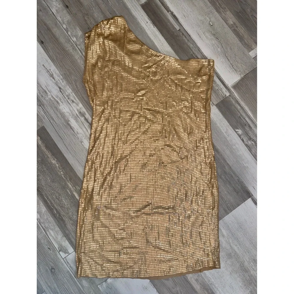 MICHAEL Michael Kors One Shoulder Dress Womens Gold Sequin Cocktail Mini Large